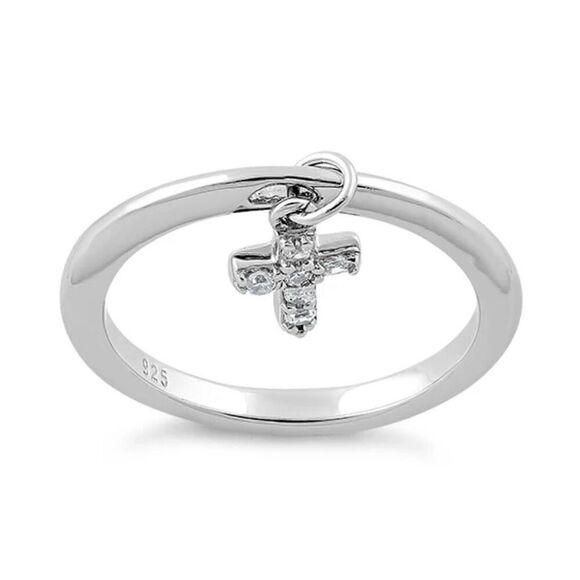 New Sterling Silver Dangling Cross CZ Ring New - Picture 3 of 4